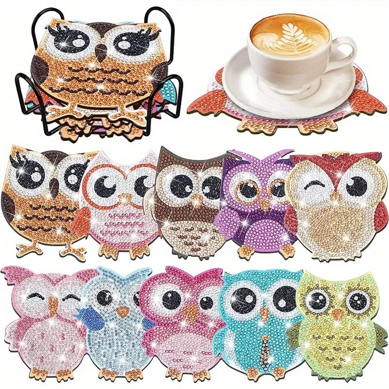 DIY Diamond Art Owl Coasters Set 10pcs with Holder | Wood Diamond Painting Kit Babs