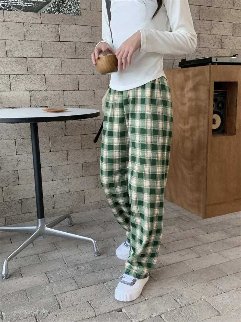 Women's Shearling Lined Plaid Flared Trousers High Waist Fleece Lined Trousers Babs Dark Green 1Pairs