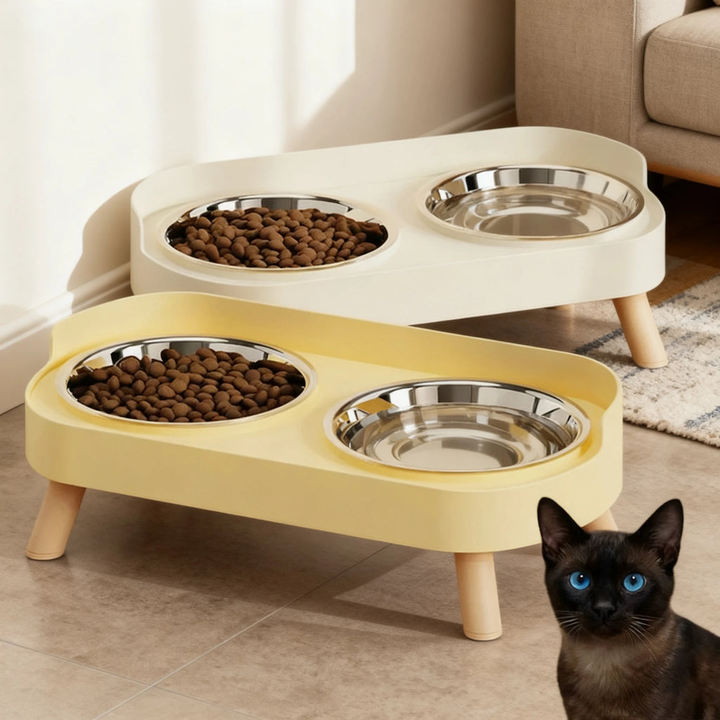 Tilted Elevated Pet Bowls – Stainless Steel Cat & Dog Set Elevated Pet Bowl Set Babs