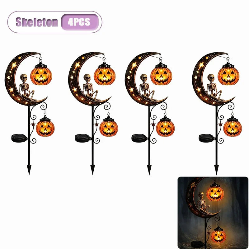 Solar Halloween Stake Lights – Black Cat & Pumpkin Moon Garden Solar Garden Stake Light Babs Skeleton-4PCS