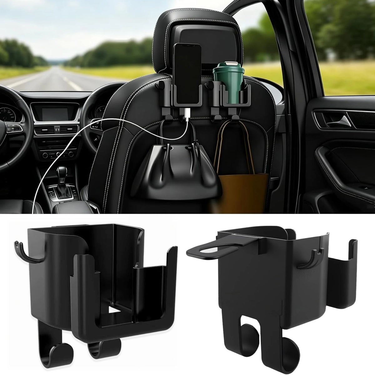 Car Seat Headrest Hook Organizer – Phone & Cup Holder Car Seat Organizer Babs