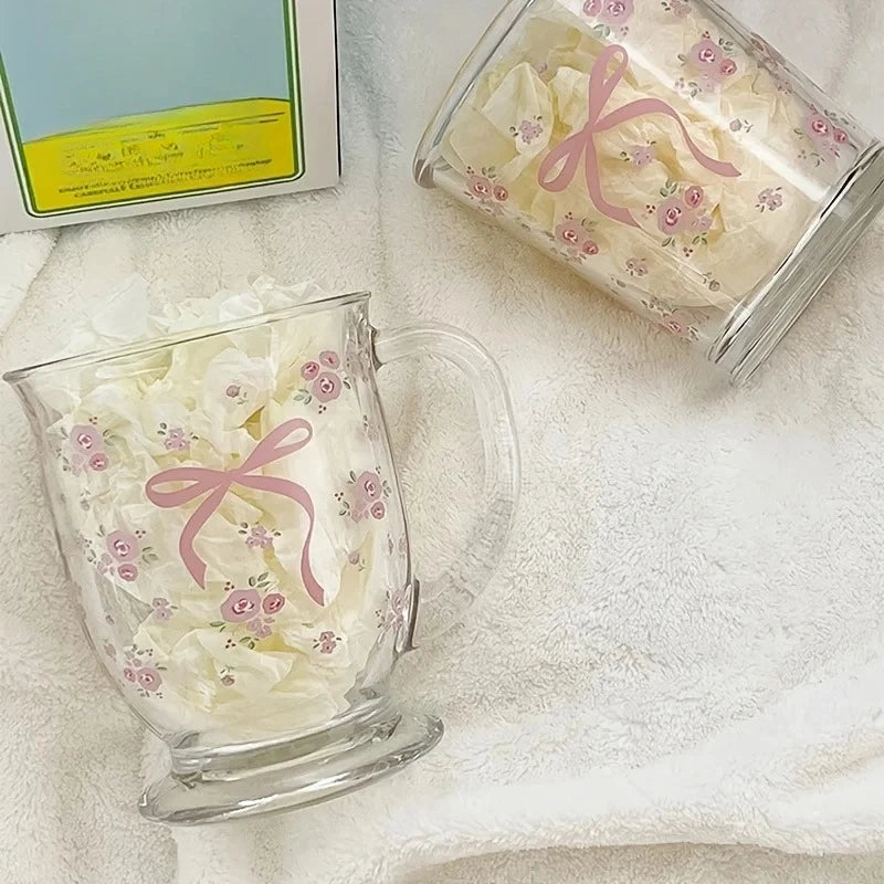 Rose Bow Pattern Glass Cup 450ml | U-Shaped Floral Glass Decorative Glass Cup Babs