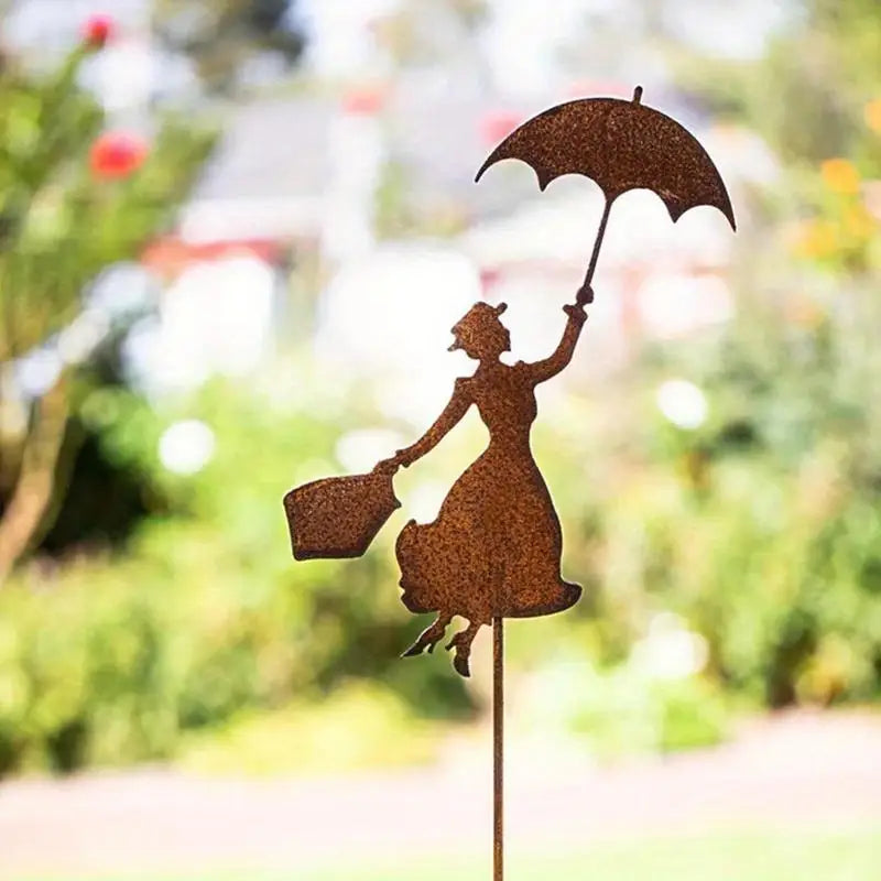 Rusty Metal Garden Stake – Woman with Umbrella Outdoor Decor Garden Stake Decor Babs
