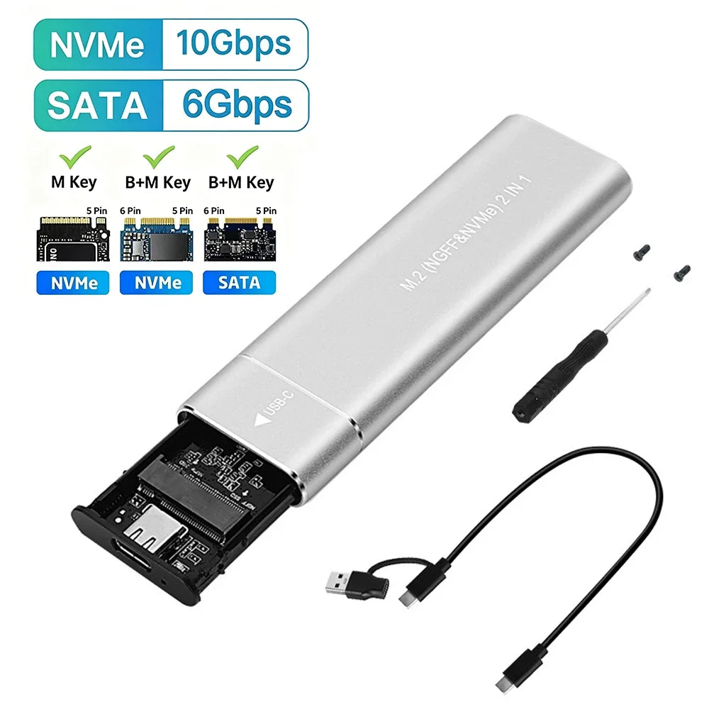 M.2 NVMe SATA SSD Enclosure 10Gbps USB-C Dual Protocol SSD Enclosure Babs Silver NVMe SATA