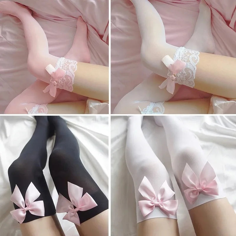 Pink Bowknot Lace Thigh High Stockings – Sweet Over-Knee Thigh High Stockings Babs