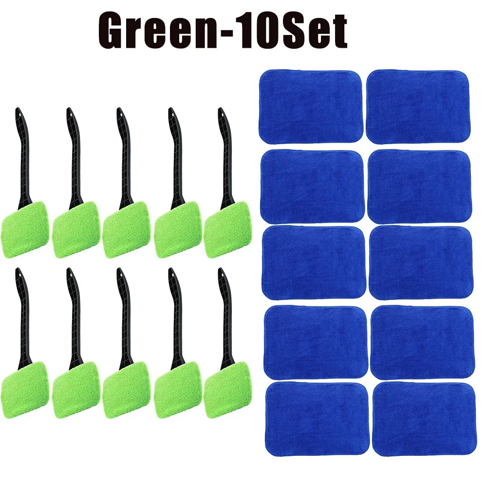 Car Window Cleaner Brush Kit – Long Handle Microfiber Wiper Car Cleaning Brush Babs Green-10Set