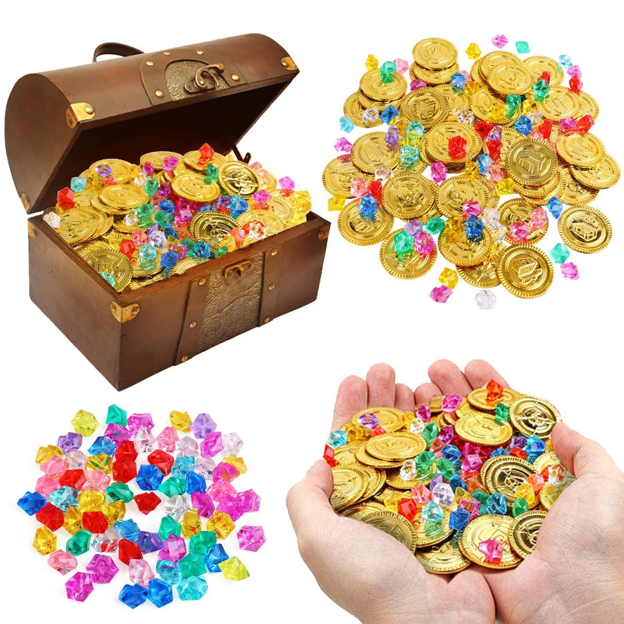 100pcs Pirate Gold Coins with Gemstones | Party Treasure Filler Party Treasure Props Babs