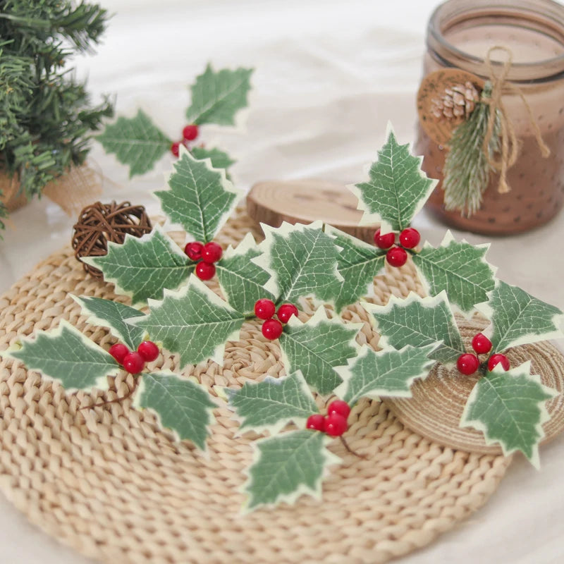 10PCS Artificial Christmas Holly Berry Leaves – DIY Wreath Decor Artificial Holly Decor Babs
