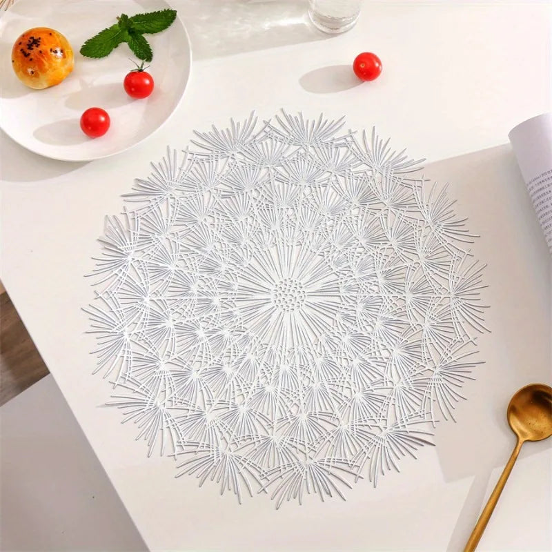 Round Dandelion Lace PVC Placemat – Heat-Resistant Table Mat Decorative Placemat Babs Silvery M