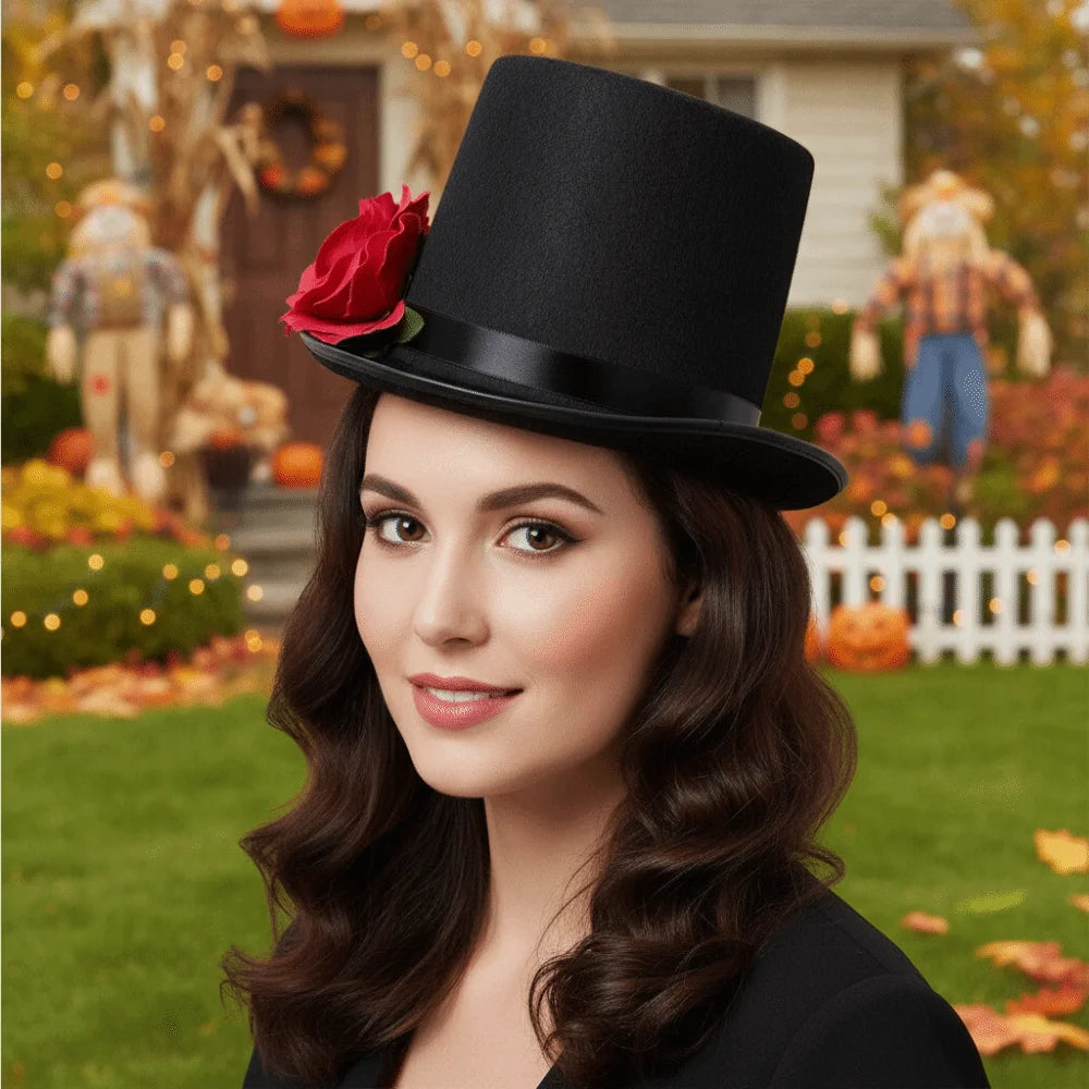 Gothic Top Hat with Artificial Rose – Black & Red Magician Fedora Gothic Costume Hat Babs