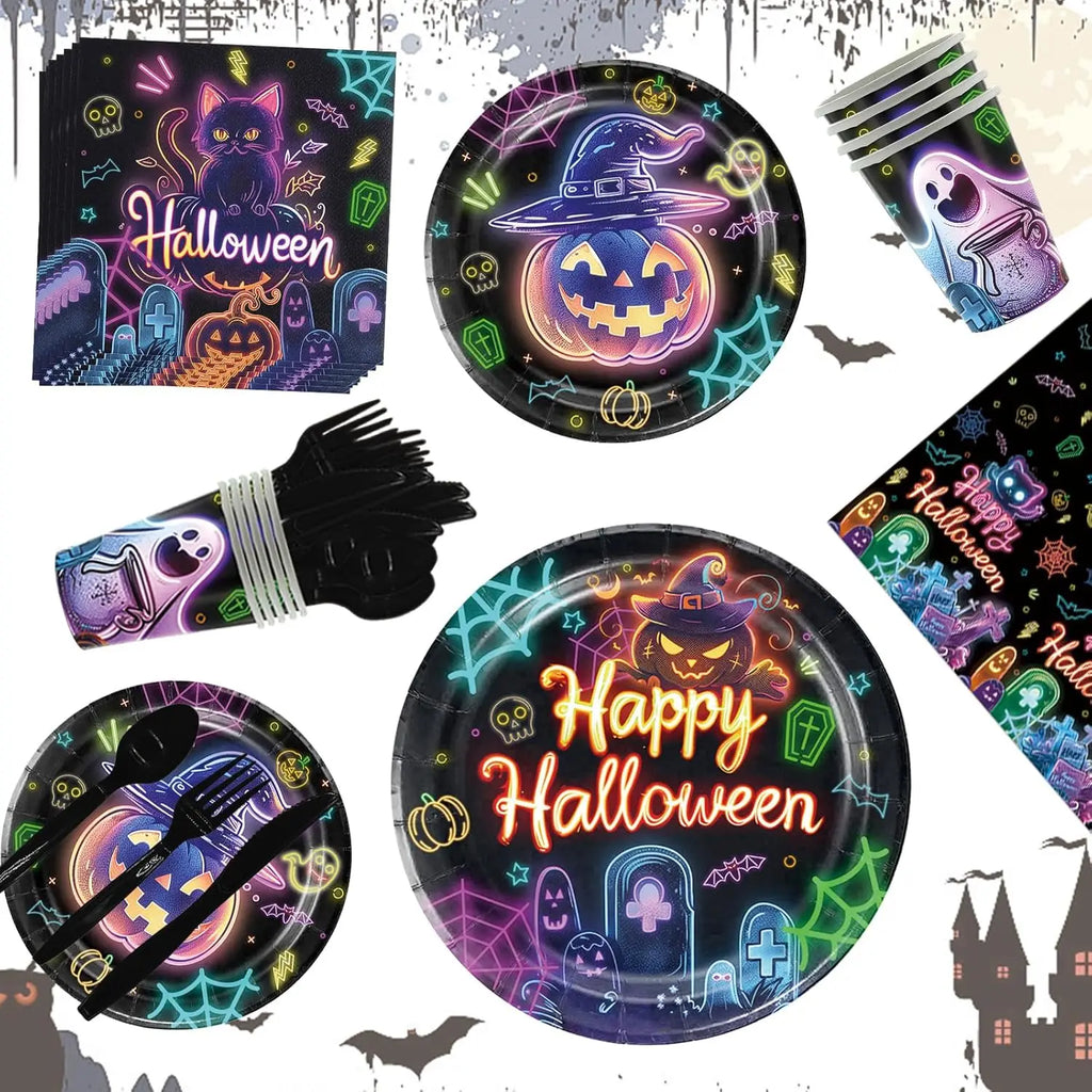 Fluorescent Halloween Party Tableware Set – Plates, Napkins & Tablecloth Disposable Party Tableware Babs