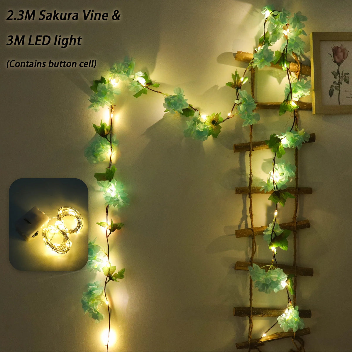 Cherry Blossom Vine LED Garland – Sakura Wedding Arch Decor Artificial Flower Garland Babs Blue 1PC