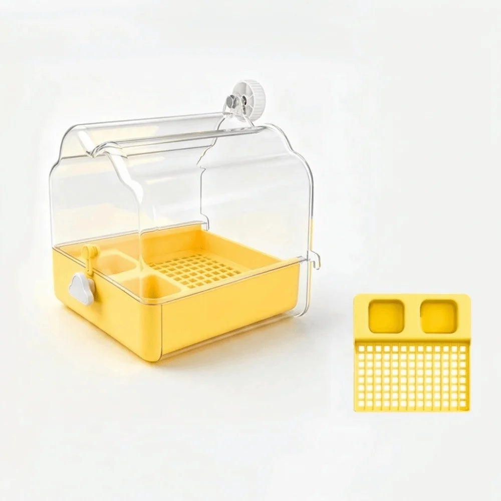 Parrot Birdbath Feeder – Transparent Splash-Proof Drawer Design Bird Bath Feeder Babs Yellow