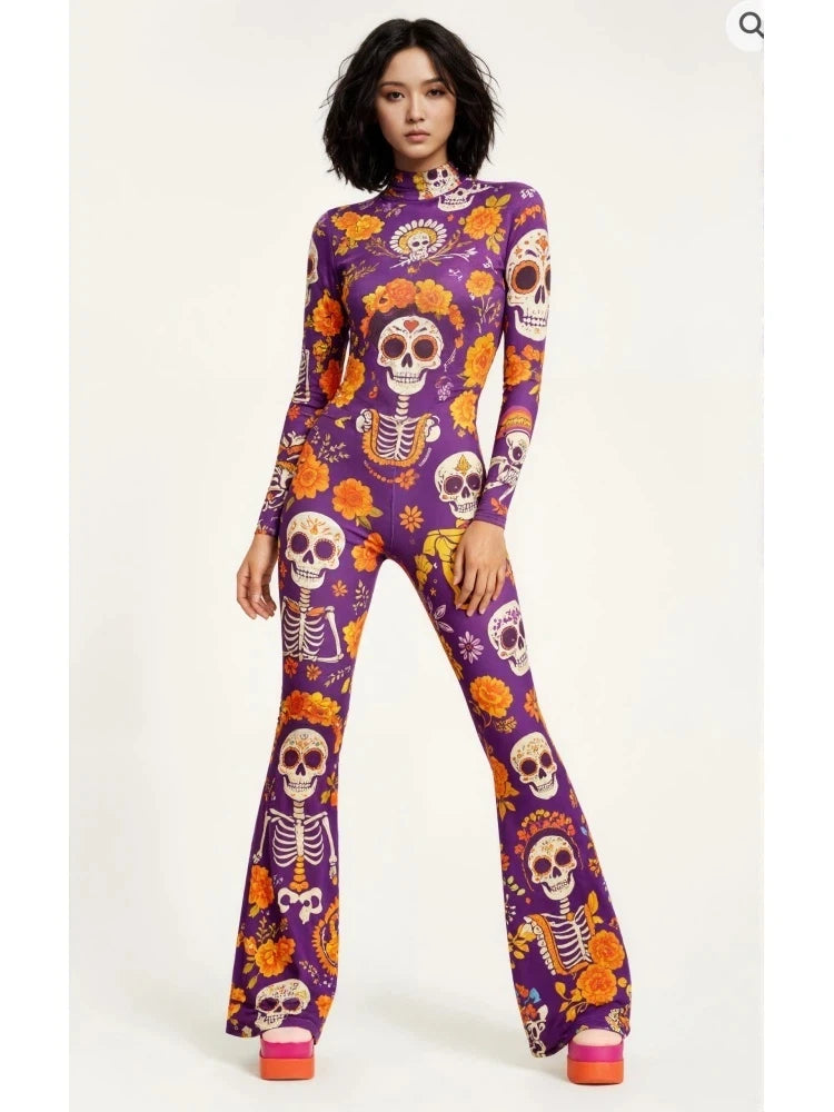 Women's Rainbow Skeleton Flared Catsuit Halloween Jumpsuit Halloween Costume Babs