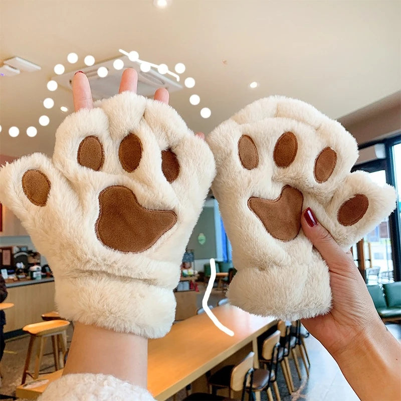 Plush Cat Paw Mittens – Soft Fluffy Half Finger Gloves Plush Fingerless Gloves Babs E