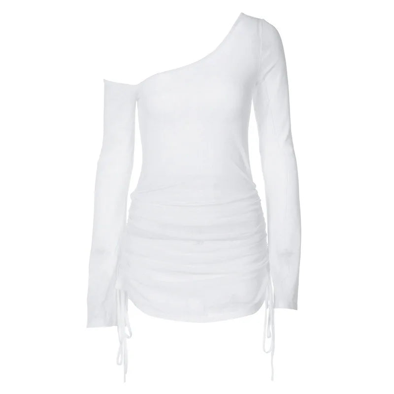 One Shoulder Sheer Ruched Mini Beach Dress Swimsuit Cover Up Swimsuit Cover Up Babs White M