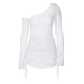 One Shoulder Sheer Ruched Mini Beach Dress Swimsuit Cover Up Swimsuit Cover Up Babs White M