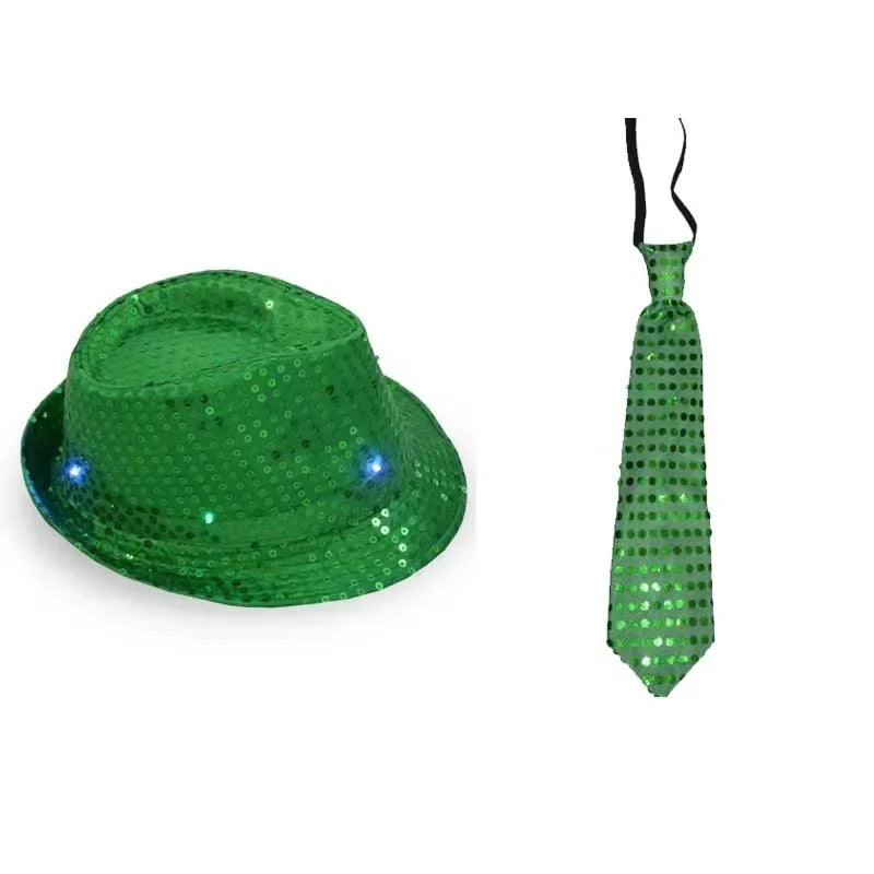LED Light Up Sequin Jazz Hat & Tie Set | Party Costume