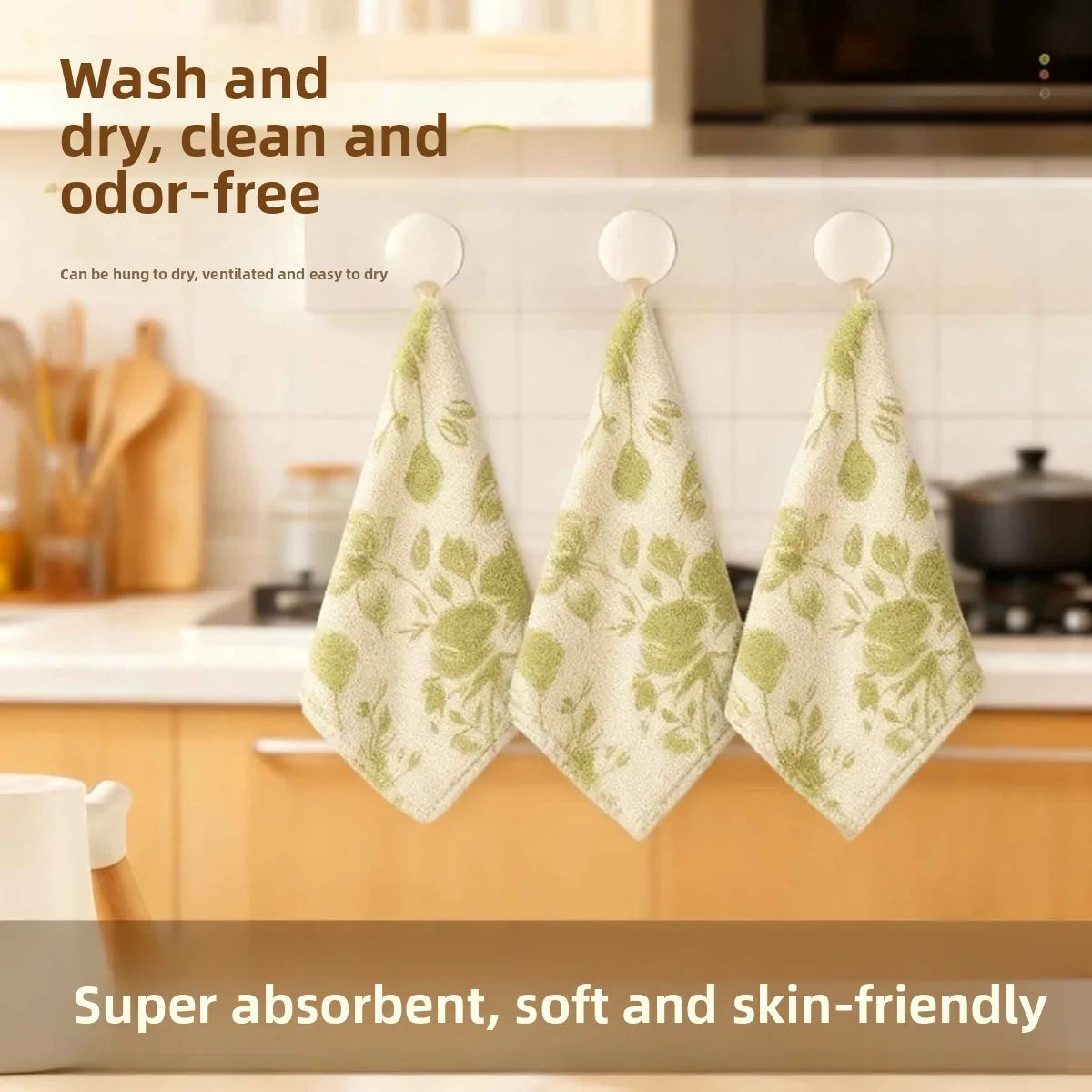 10-Pack Kitchen Dish Cloths – Coral Fabric, Green Rose Pattern Kitchen Cleaning Cloths Babs