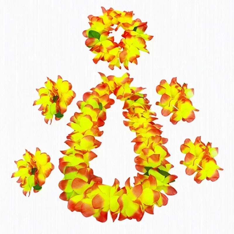 6pc Hawaiian Lei Luau Set – Necklace, Headband & Bracelets Party Lei Set Babs orange