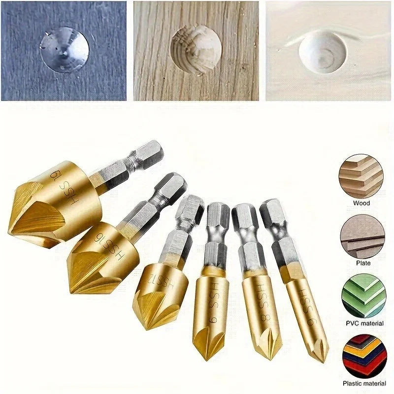 6PC Titanium HSS 5-Blade Countersink Drill Bit Set – Hex Shank Countersink Drill Bit Set Babs