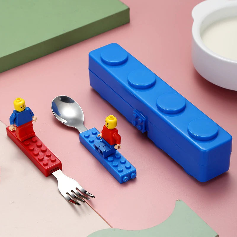 Kids' Stainless Steel Fork & Spoon Set – Building Block Design Kids Cutlery Set Babs