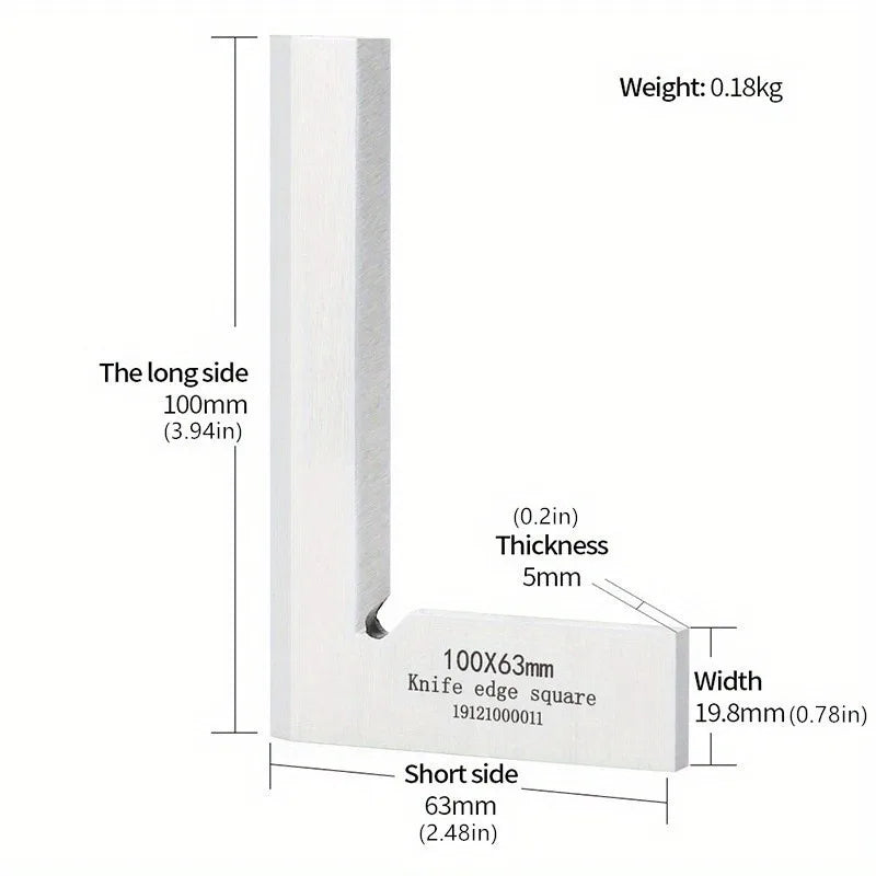 90° Knife Edge Square Ruler – Grade 1 Stainless Steel, 4 Sizes Precision Square Ruler Babs 100X63mm
