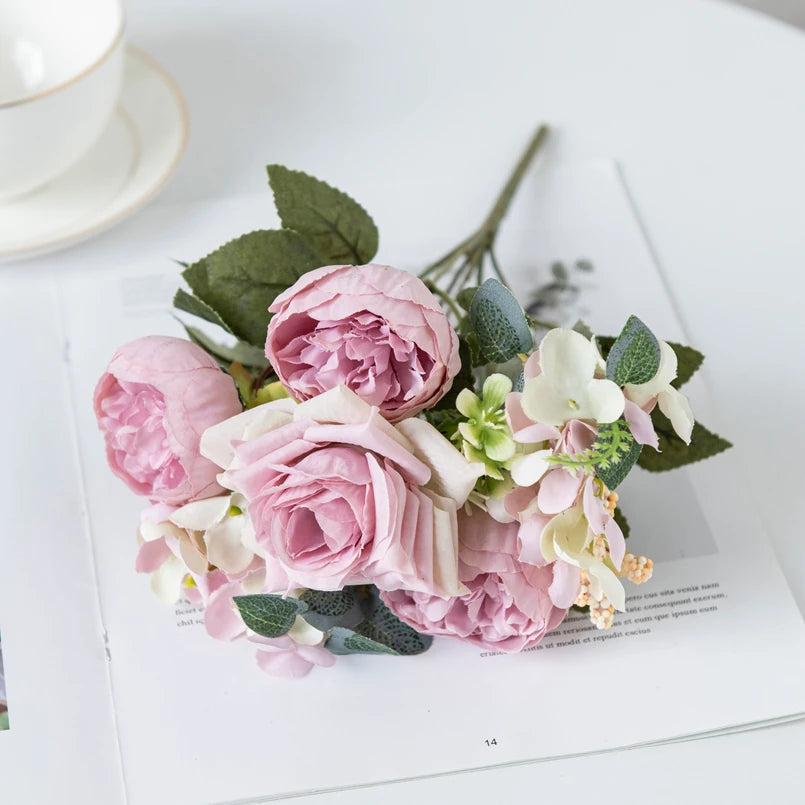 Silk Artificial Flowers Bouquet – Roses, Peonies & Hydrangea Artificial Flower Bouquet Babs Deep Pink 1pc