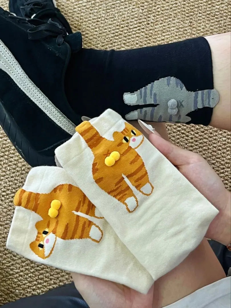 2-Pack 3D Cat Crew Socks – Pom-Pom Kitten Mid-Calf Women's Socks Novelty Crew Socks Babs