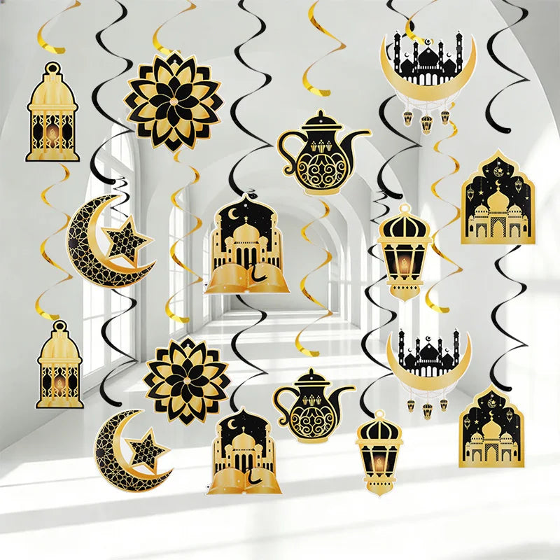 8pcs Eid Mubarak Gold Banner & Spiral Pendants Ramadan Decor Holiday Party Decorations Babs