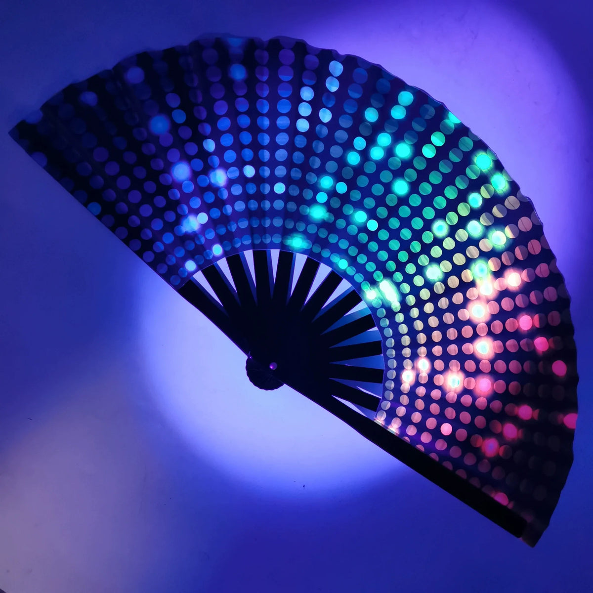 Large Carnival Folding Fan – Neon Mushroom Pattern, Unisex Decorative Folding Fan Babs Round Dot