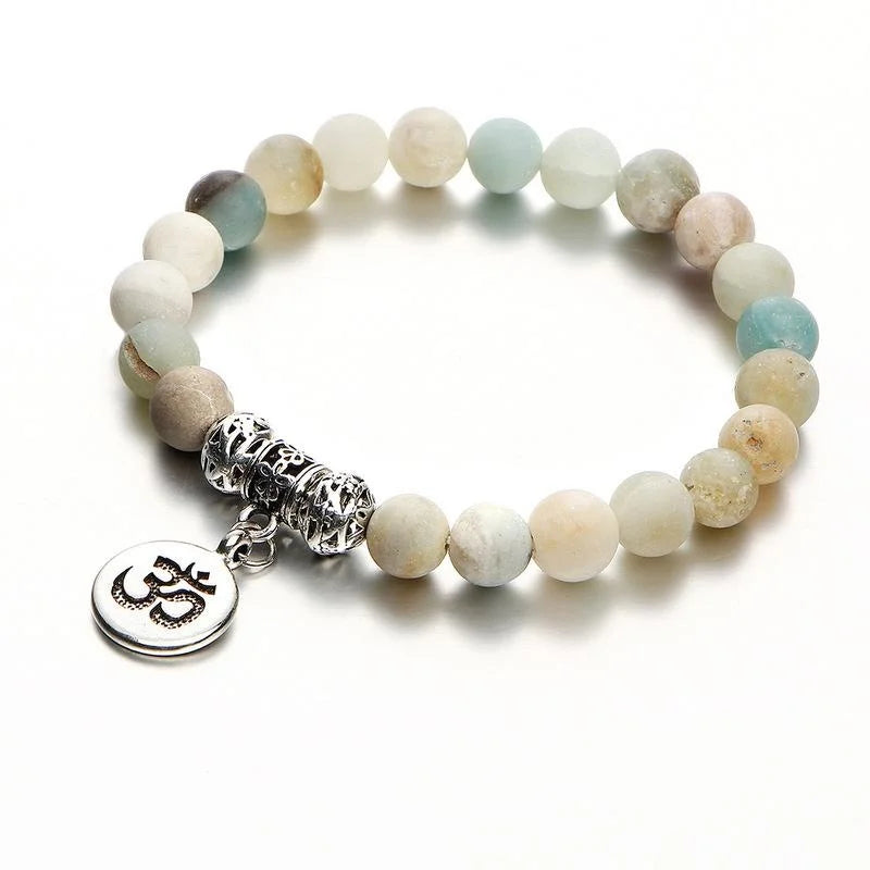 Matte Amazonite Lotus OM Charm Yoga Bracelet | Stone Beads Beaded Yoga Bracelet Babs