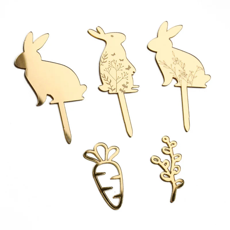 Gold Acrylic Easter Cupcake Toppers – Rabbit & Carrot 3/5pcs Cupcake Toppers Babs 5pcs