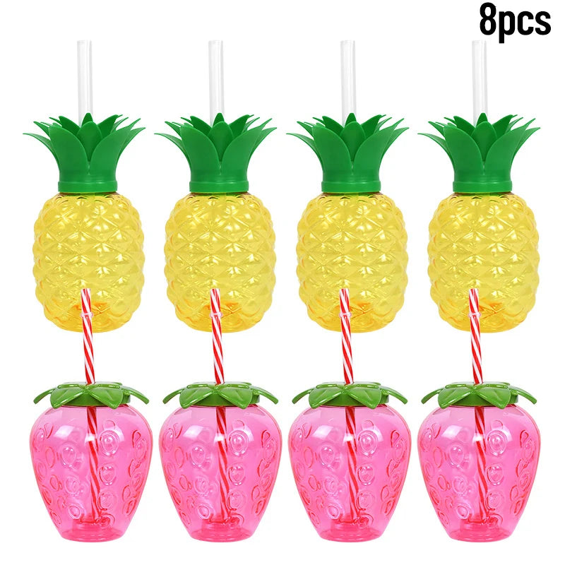 8pc Tropical Party Cups with Straws – Pineapple & Strawberry Party Drinkware Set Babs 8pcs mix