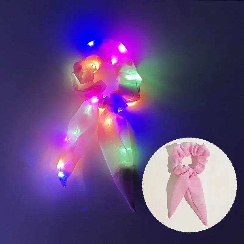 LED Light-Up Bow Scrunchie Glowing Hair Tie | Party Festival LED Hair Accessory Babs
