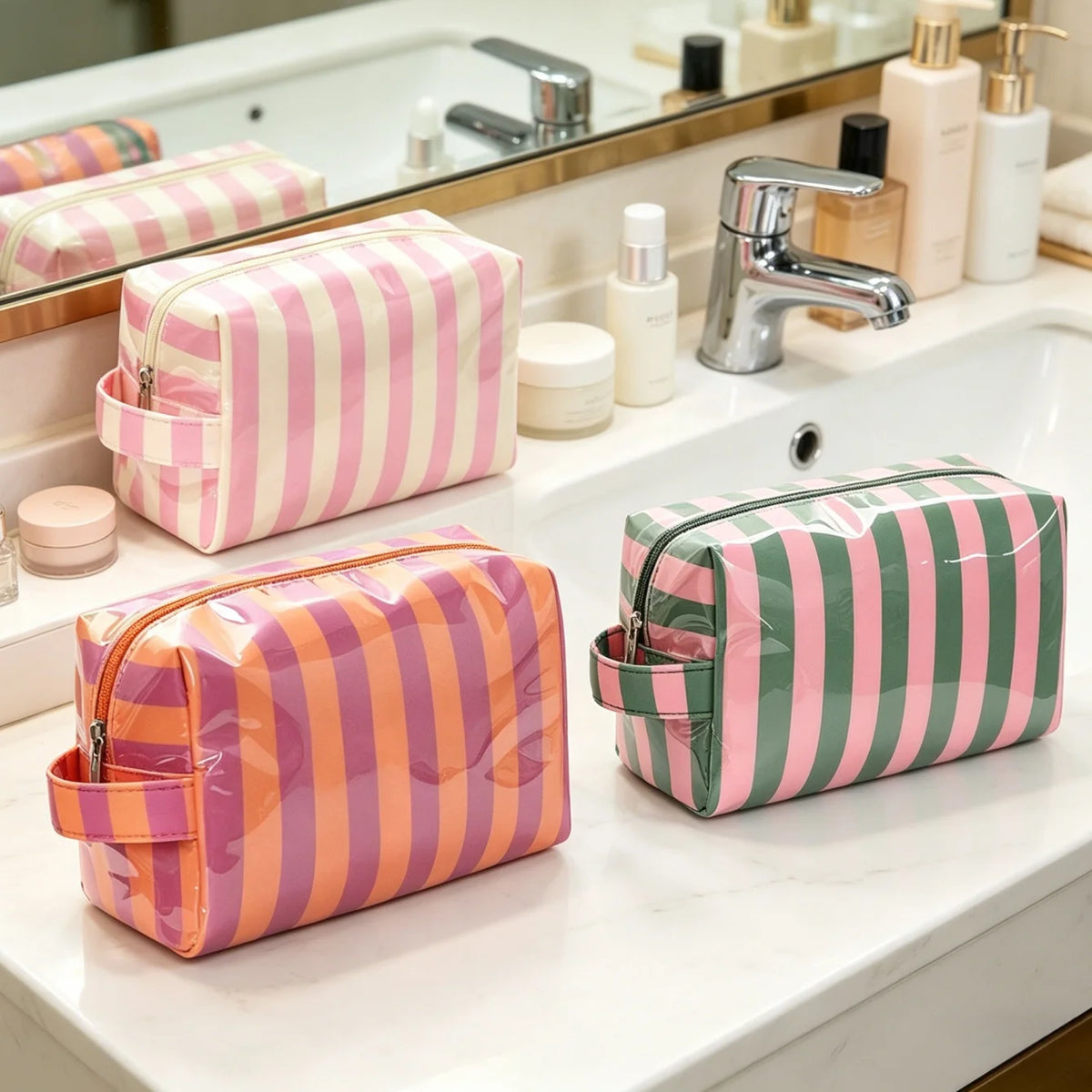 Striped Women's Travel Toiletry & Makeup Organizer Bag Travel Cosmetic Bag Babs