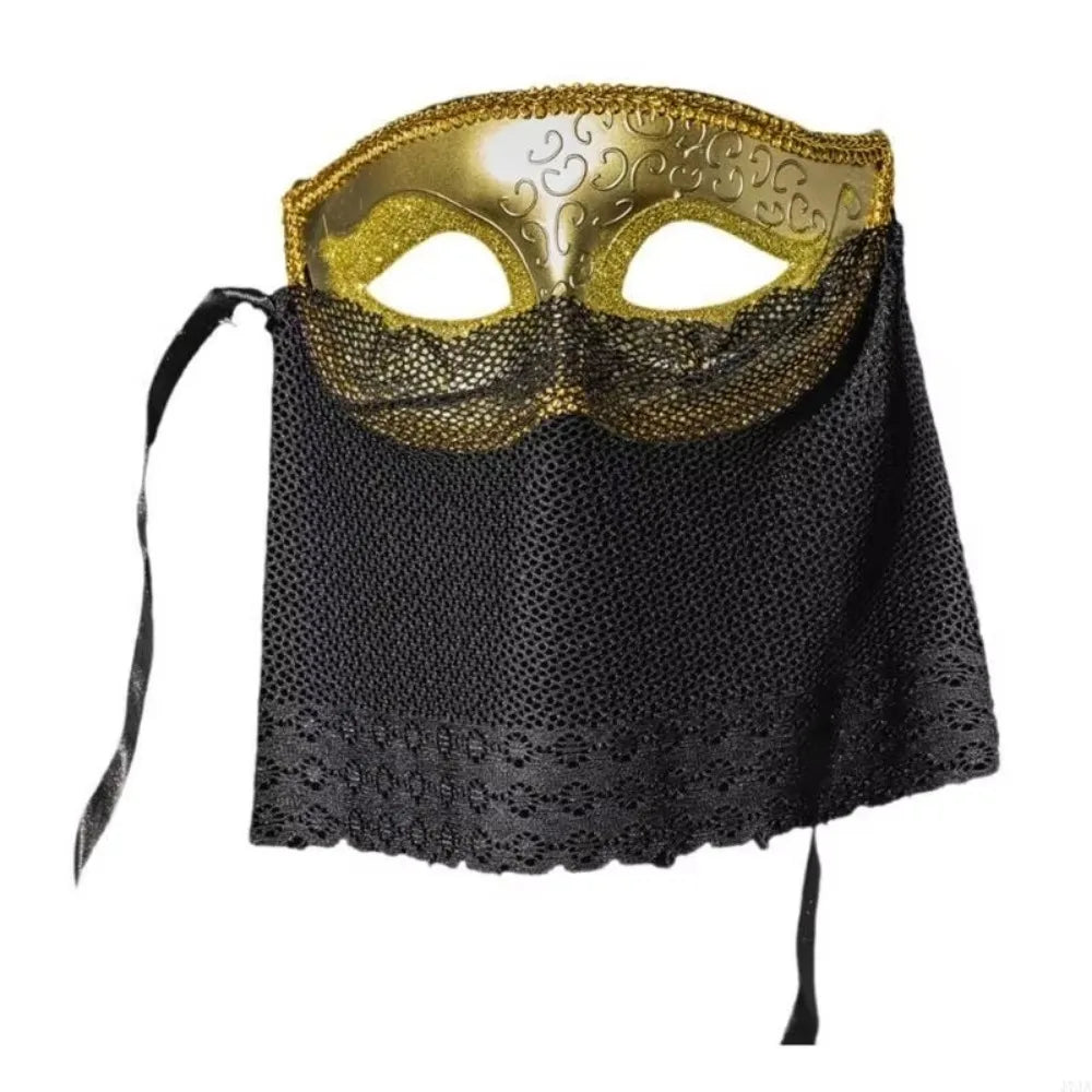 Venice Masquerade Half Face Mask with Veil | Retro Cosplay Masquerade Mask Babs Gold