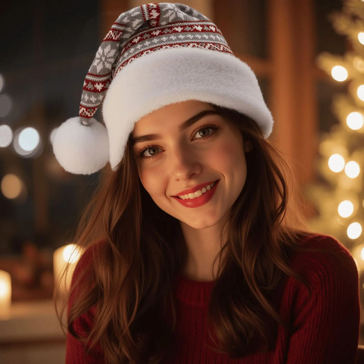 Ladies' Knitted Reindeer Christmas Hat – Cozy Winter Beanie Knitted Winter Hat Babs 24.5x45.5cm Grey Snowflakes