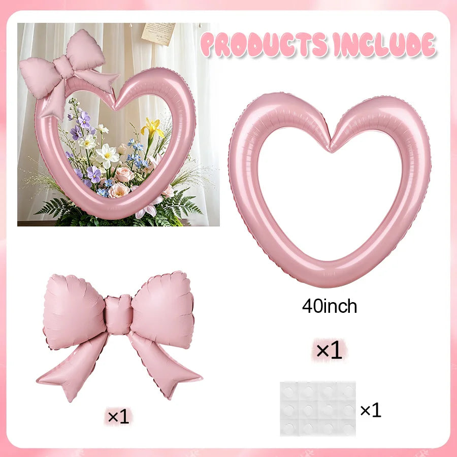 2pcs Hollow Heart Foil Balloons Pink Bow – Party Wedding Décor Foil Party Balloons Babs 1Set Other