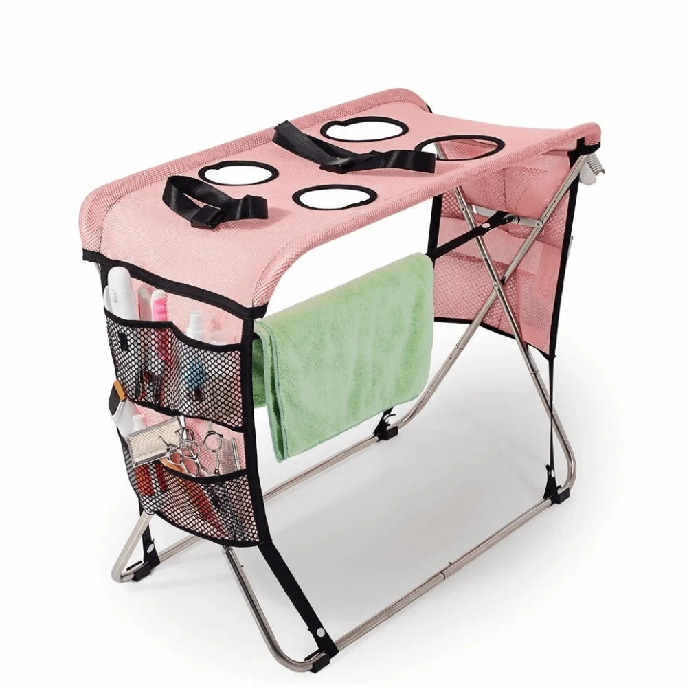 Folding Pet Grooming Hammock – Anti-Scratch Mesh Bathing Rack Pet Grooming Table Babs Pink 4 holes