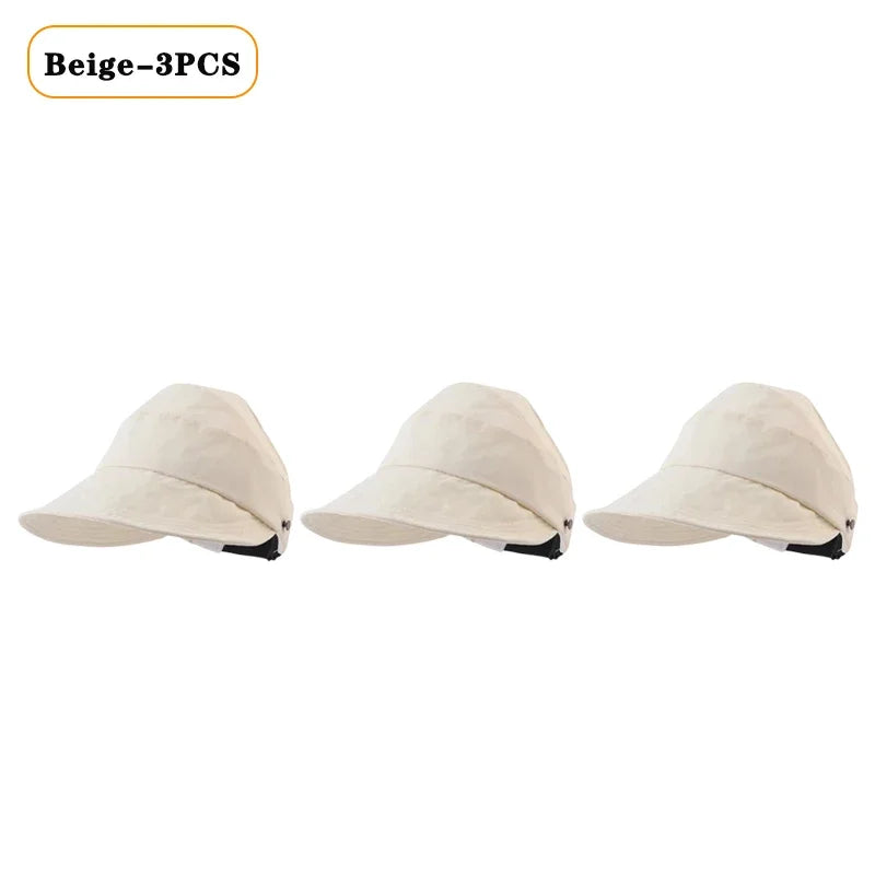 Foldable Wide Brim Ponytail Sun Hat – Adjustable Beach Cap Wide Brim Sun Hat Babs Beige-3PCS 55-58cm