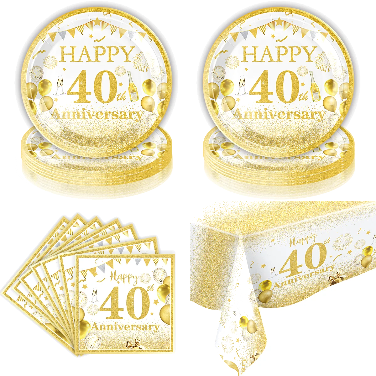 40th Birthday White & Gold Disposable Party Tableware Set Disposable Party Tableware Babs
