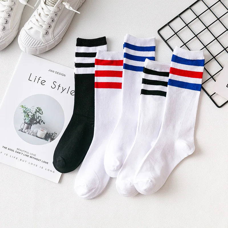 Three Stripes Cotton Crew Socks – Retro Hip Hop Skate Style Cotton Crew Socks Babs