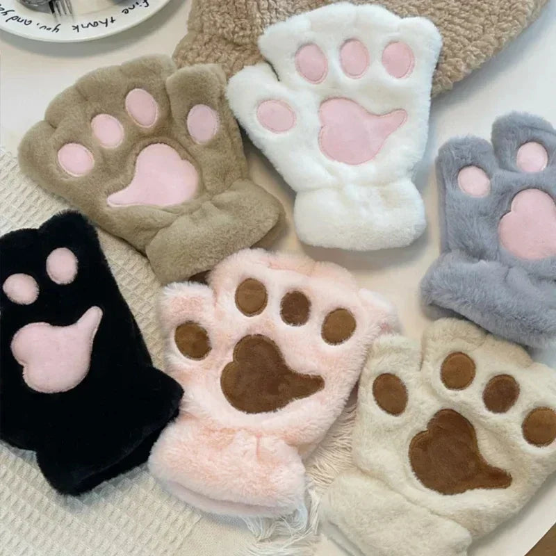 Plush Cat Paw Gloves – Fluffy Fingerless Mittens for Women Fingerless Plush Gloves Babs