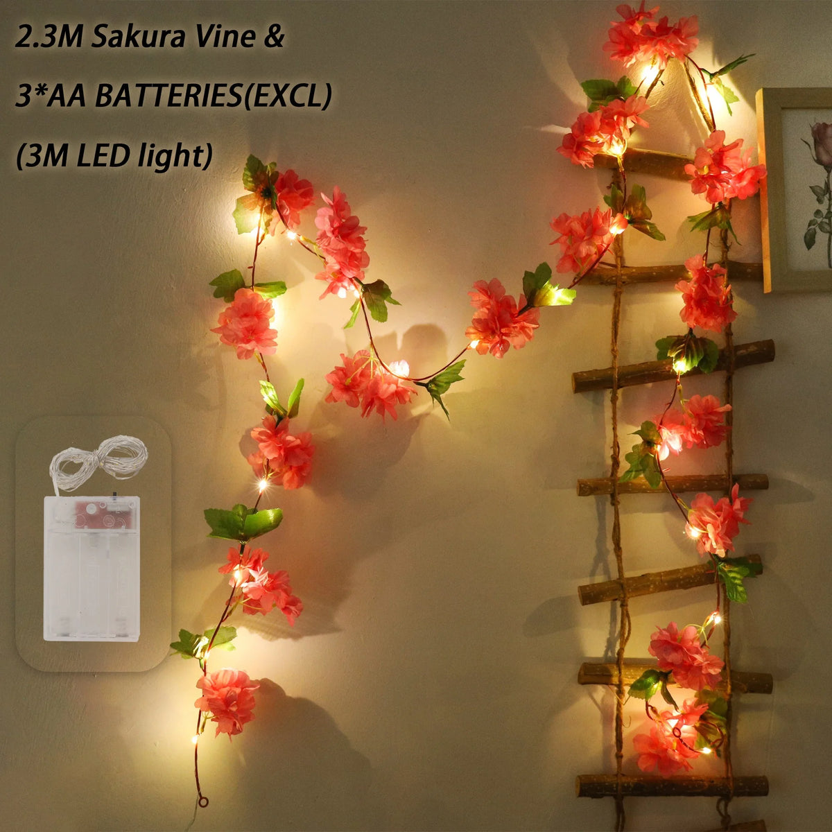 Cherry Blossom Vine LED Garland – Sakura Wedding Arch Decor Artificial Flower Garland Babs Rose Red 3 1PC