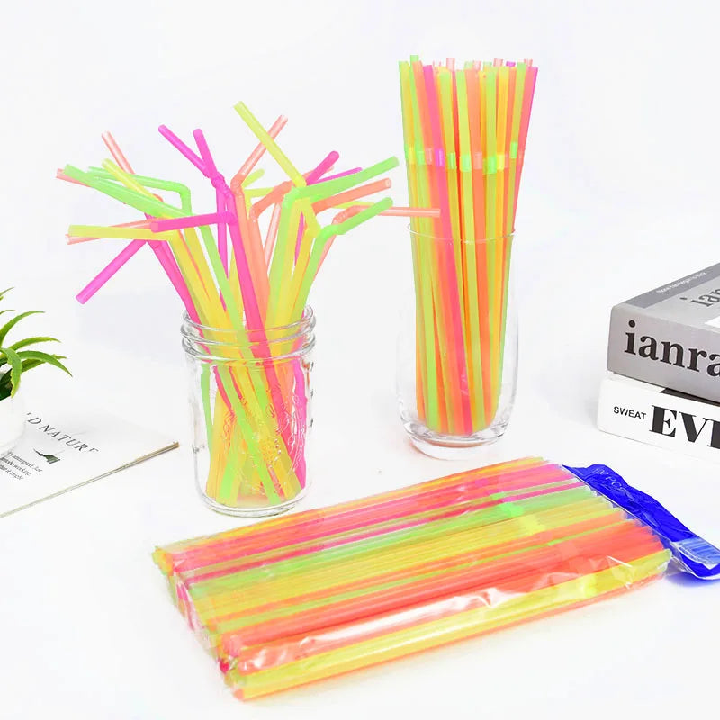 100-600Pcs Neon Bendable Disposable Straws – Party Supplies Disposable Drinking Straws Babs