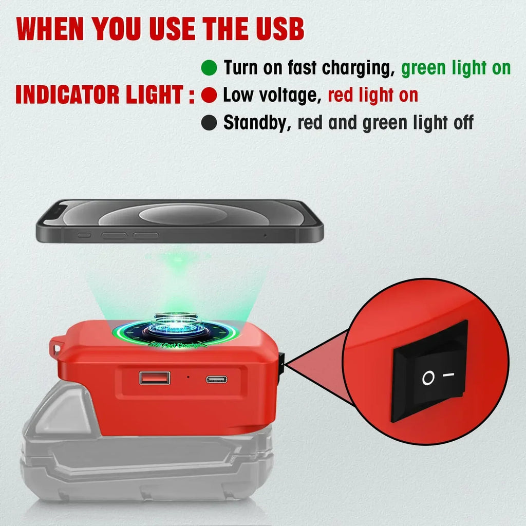 Milwaukee 18V Battery USB-C & Wireless Charger Adapter Battery Charger Adapter Babs