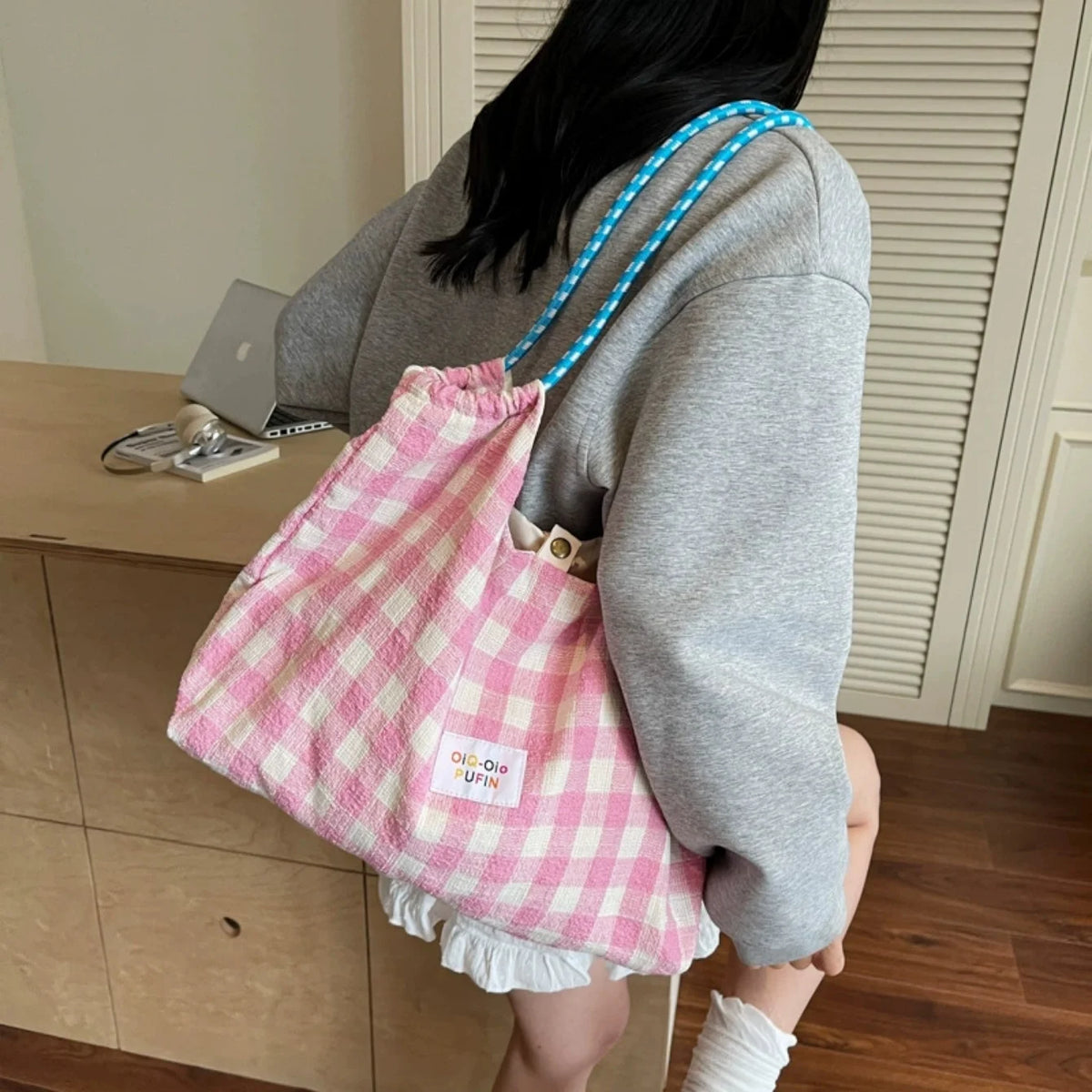 Women's Large Canvas Tote Bag – Korean Plaid Shoulder Handbag Canvas Shoulder Tote Babs