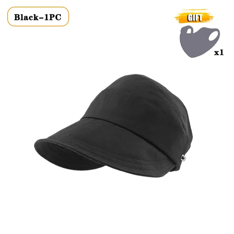 Foldable Wide Brim Ponytail Sun Hat – Adjustable Beach Cap Wide Brim Sun Hat Babs Black-1PC 55-58cm