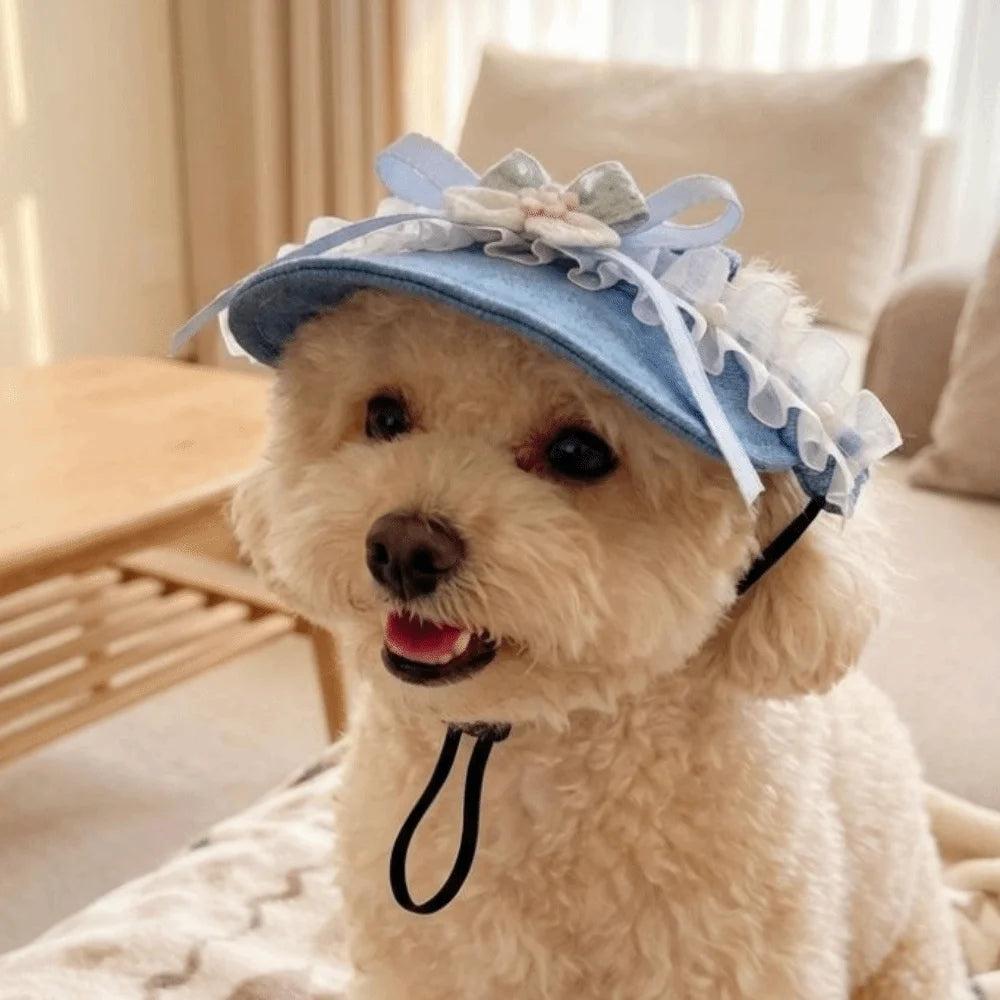 Denim Dog Sun Hat with Ear Holes & Lace Bow | UV Protection Cap Pet Sun Hat Babs
